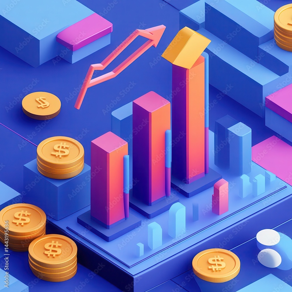 Poster finance stock growth chart investment graph on 3d diagram background with up arrow digital analysis 