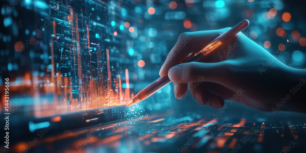 Poster digital hand writing on futuristic interface with glowing data visualizations.