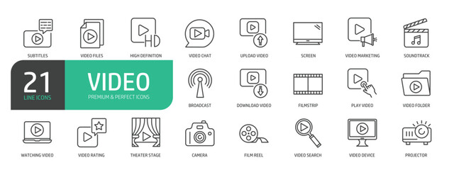 Set Of Video Line Icons. Contains such icons as Subtitles, Video Chat, Filmstrip, Video Rating, Teater Stage, Film Reel, Camera, Projector, and more.