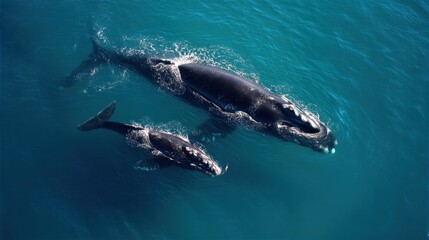 Fototapeta premium Right Whale Mother and Calf Swimming