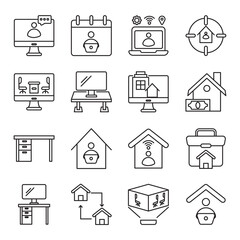 virtual office set of web icons in line style. virtual office, remote office, digital workspace and online office. Vector illustration