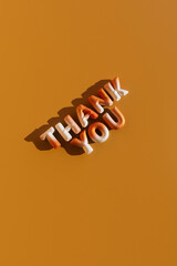  Diagonal thank you balloon letters on orange backdrop