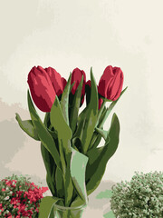 Bright red tulips on a white wall