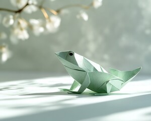Origami frog in pastel green, placed on a white surface, with soft, diffused lighting casting subtle shadows
