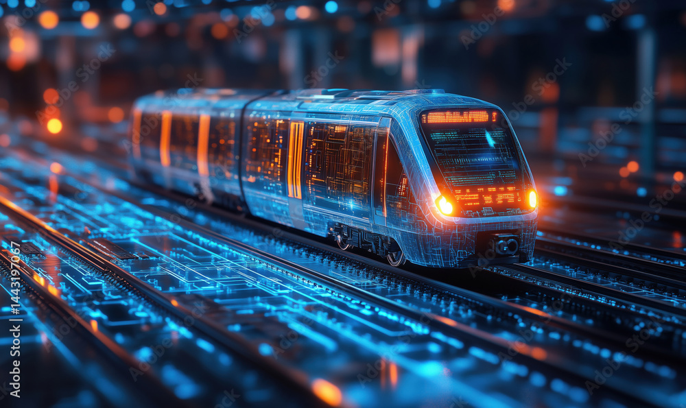 Poster futuristic digital train on illuminated tracks with circuit patterns and glowing details.