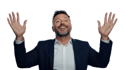 Man raises hands in triumph, a powerful expression of freedom and joy