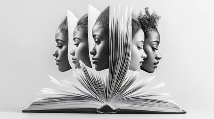 Black-and-white minimalist poster with diverse faces emerging from an open book highlighting cultural diversity