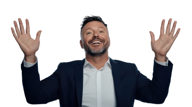 Man raises hands in triumph, a powerful expression of freedom and joy