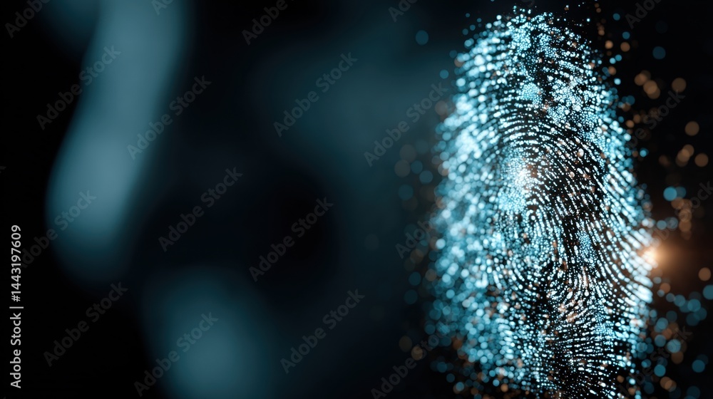 Poster abstract digital art, glowing teal particles forming a vertical structure against a dark background 