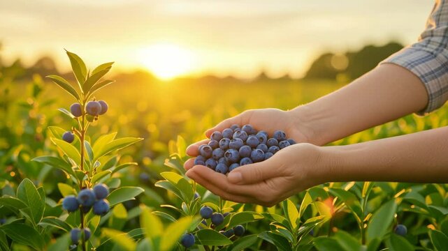 A person holds freshly picked blueberries in their hands amidst a lush, sunlit blueberry field during sunset.