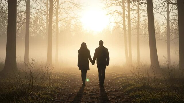 A couple holding hands walks along a misty forest path at sunrise, surrounded by tall trees and golden light.