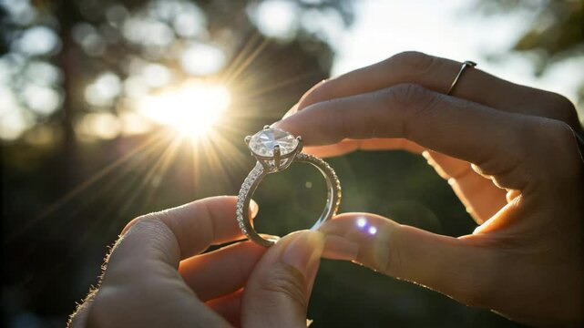 A person holds a sparkling diamond engagement ring up to the sunlight, creating a beautiful reflection and natural background.