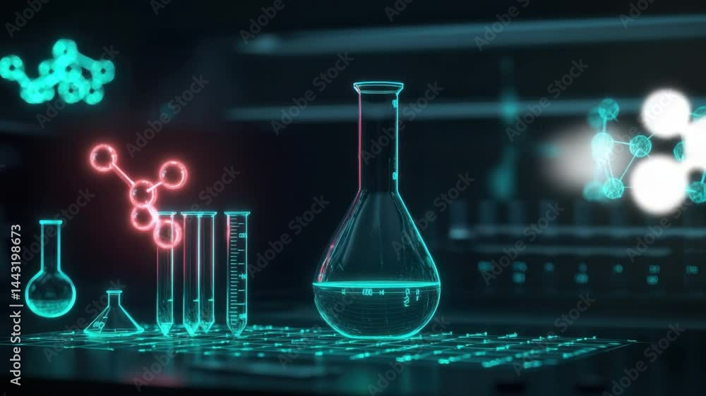 Poster futuristic laboratory setting with neon laboratory glassware and molecular structures on digital bac