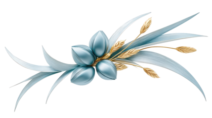 Exquisite blue flower with ornate gold leaves on a striking black background blue