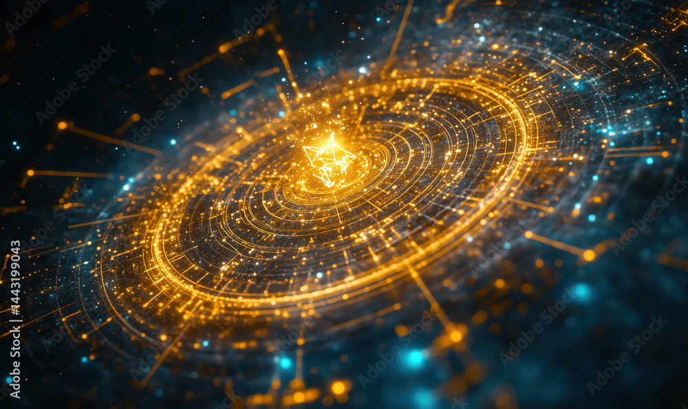 Poster cosmic digital network with glowing star and circular patterns in vibrant colors.