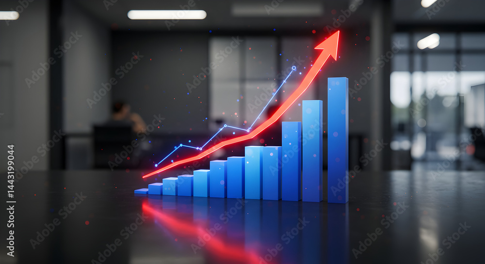 Poster bar graph with red arrow showing business growth with blurred figure in background