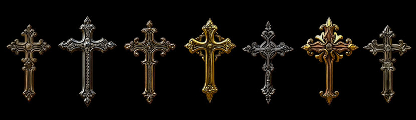 different medieval ornamental crosses, in golden and silver metal, on a black background with the high resolution, high detail, and high quality.