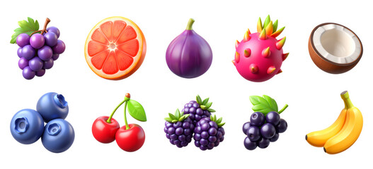 assorted fruits set of 3D Icons – Glossy Minimal Emoji Style, Isolated PNG