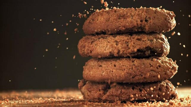 Crumbs fall on the cookies. Filmed on a high-speed camera at 1000 fps. High quality FullHD footage