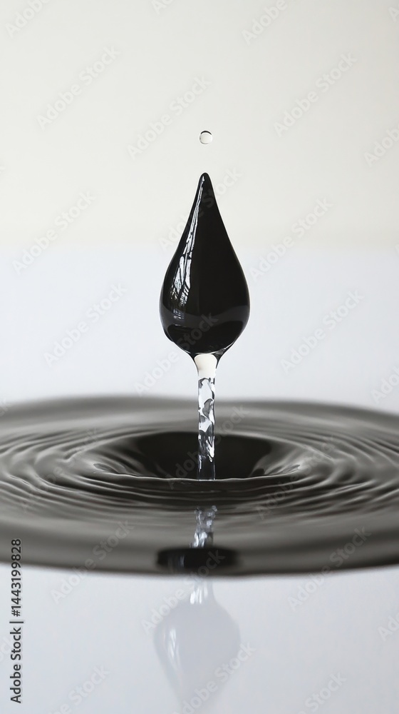 Poster captivating black liquid drop collision creating concentric ripples against a clean white background