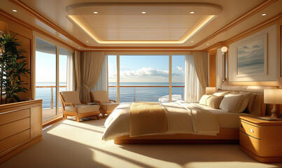 Fototapeta premium luxurious cruise ship cabin with ocean view and elegant interior design.