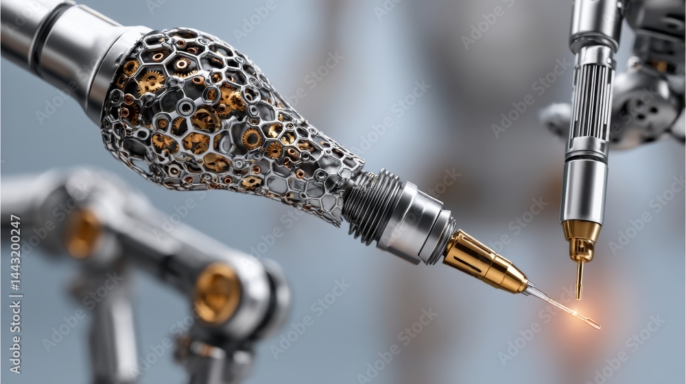 Poster close up of intricate robotic tools with gold and silver components against a blurred grey backgroun