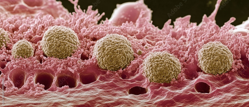 Poster microscopic view of cells on tissue surface revealing intricate details and structures in vivid colo