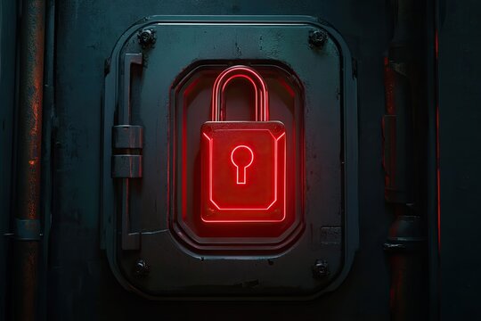 Red neon padlock icon on a metallic panel, security access