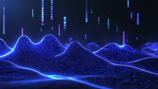 Abstract Digital Wave Form with Glowing Blue Particles and Light Effects in Futuristic Background