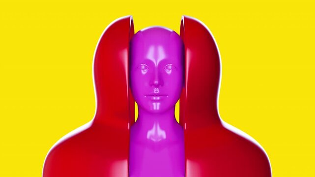 Abstract surreal fashion 3d animation. Opening container, armor, or sarcophagus with pink woman inside. Modern creative composition with human color body.