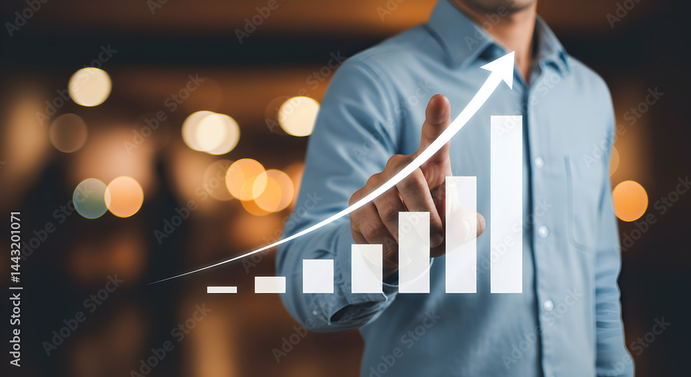 Poster businessman pointing at growing chart with upward arrow on blurred bokeh background