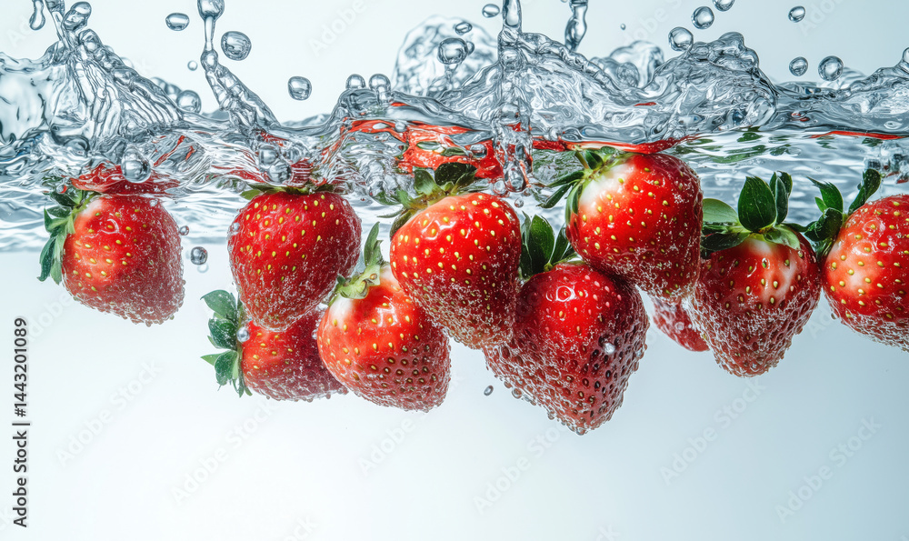 Aufkleber fresh strawberries splashing in clear water creating dynamic bubbles and ripples.