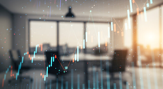 Candlestick Chart Overlay on Modern Office Interior with Financial Data Graph and Trading Diagrams