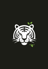 Simple White Tiger Head with Green Leaves Logo Design