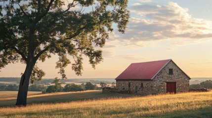 Obraz premium Serene Sunset at the Stone Barn: A Rural Landscape in Golden Hour