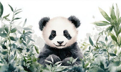 Obraz premium Cute baby panda surrounded by lush green foliage in watercolor style.