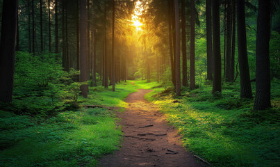 Fototapeta premium Serene forest path illuminated by golden sunlight through tall trees.