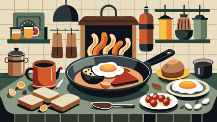 A colorful and whimsical illustration of a kitchen scene with a pan of eggs and sausages cooking on a stove. The kitchen is filled with various items such as a knife, a spoon, a fork, and a bowl