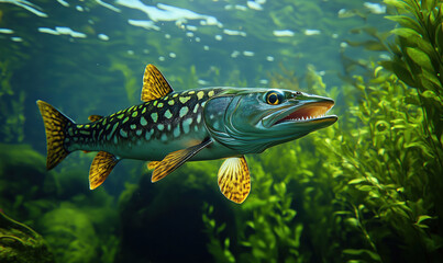 Vibrant underwater scene featuring a northern pike swimming among aquatic plants.