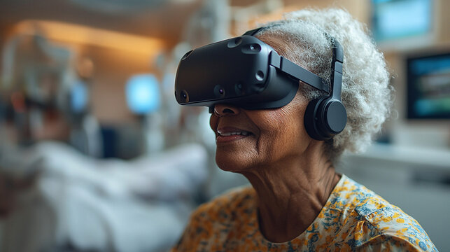 Elderly woman using VR headset in hospital. - Powered by Adobe