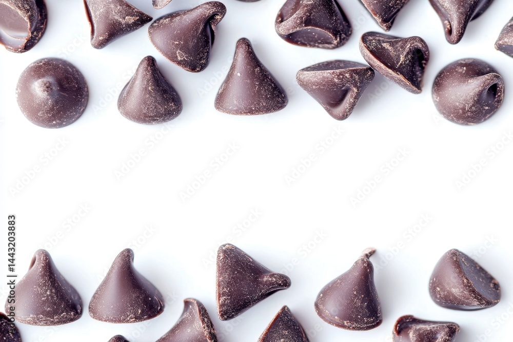 Poster chocolate chips arranged on white background creating a frame for text or design space showcasing sw