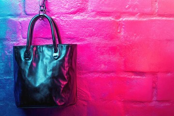 A metallic tote bag hangs from a chain against a vibrant pink and blue brick wall The bag's dark, reflective surface catches the light