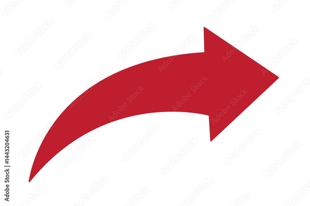 Wall mural a simple, red, curved arrow pointing to the right and down on a white background. direction symbol. 
