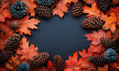 Autumn leaves and pine cones frame on dark background for seasonal decoration.