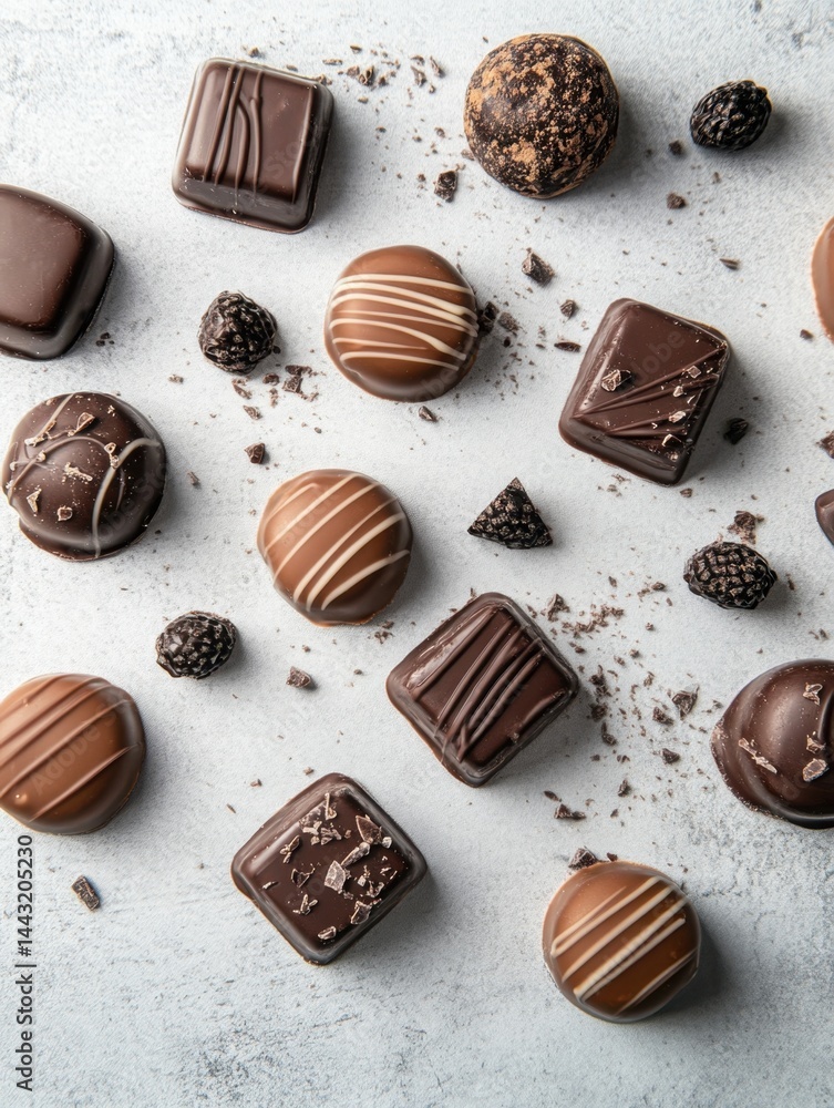 Poster delicious assortment of gourmet chocolates in various shapes and flavors arranged on a textured back