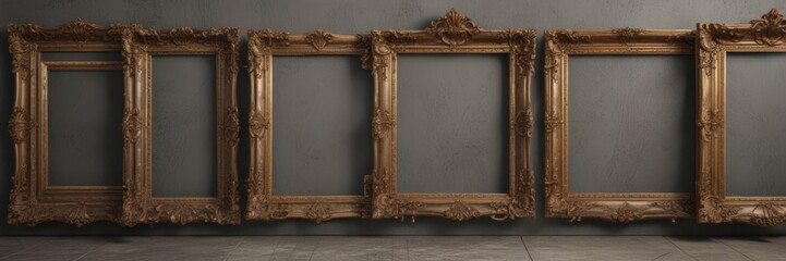 Empty ornate frames arranged on a textured surface, ready for photos ,  brown background,  aesthetic,  overhead shot