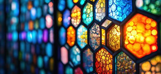 Colorful stained glass window with intricate hexagonal patterns and vibrant light reflections.