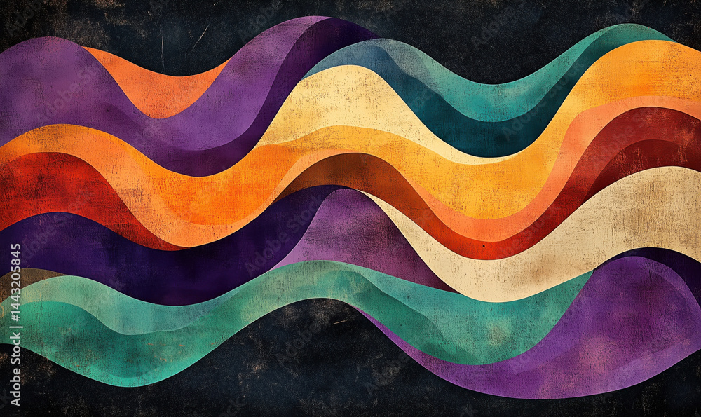 Poster colorful abstract wave patterns with vibrant hues and textured background.