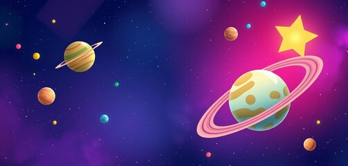 Naklejka premium Whimsical cartoon planets orbit a vibrant star in a colorful space scene, surreal, cosmos