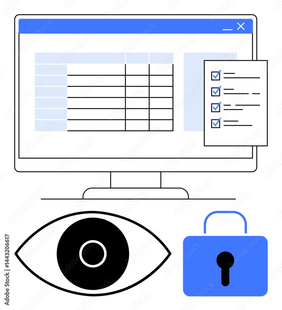 Aufkleber computer screen displaying a table and checklist, plus eye and lock icons. ideal for data protection